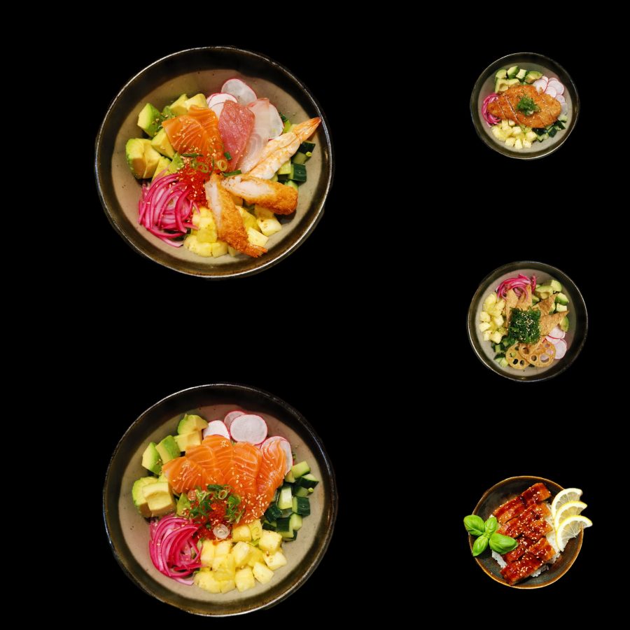 Et udvalg af Sushi Dons donburi-skåle
